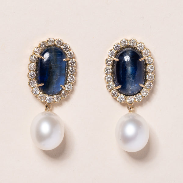 Kyanite and Precious Pearl Drop Earrings