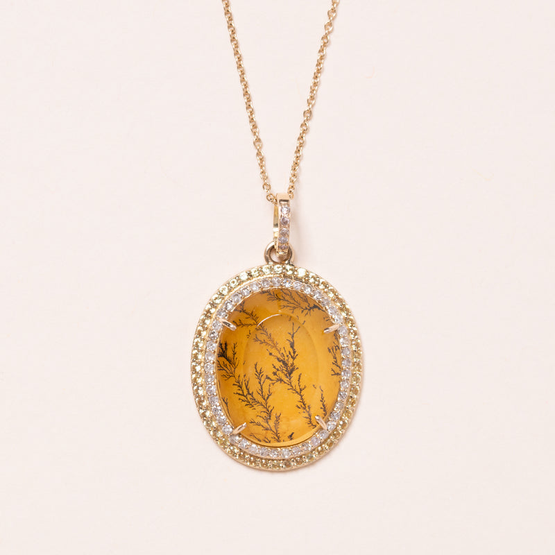 Dendritic Agate set in 18k Gold with Diamonds and Yellow Sapphire Pendant