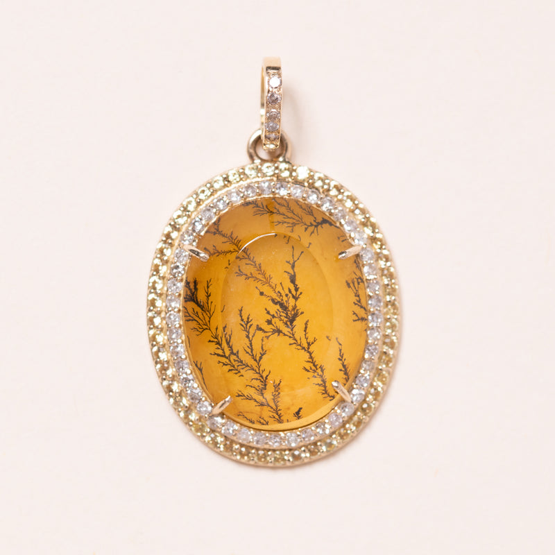 Dendritic Agate set in 18k Gold with Diamonds and Yellow Sapphire Pendant