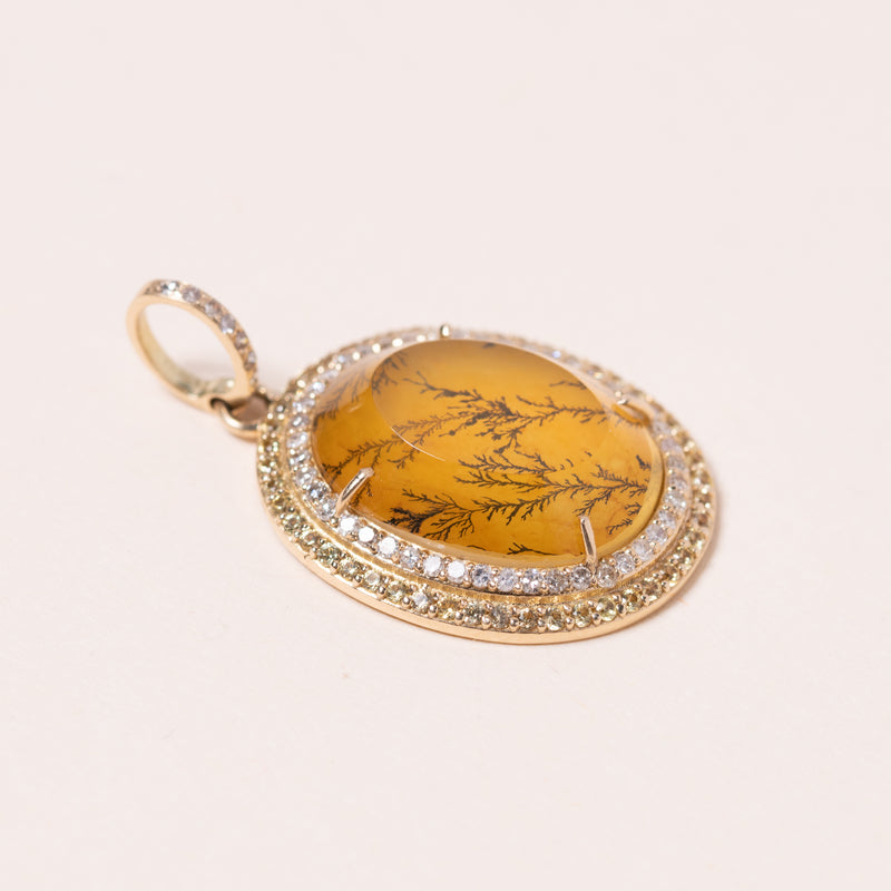 Dendritic Agate set in 18k Gold with Diamonds and Yellow Sapphire Pendant