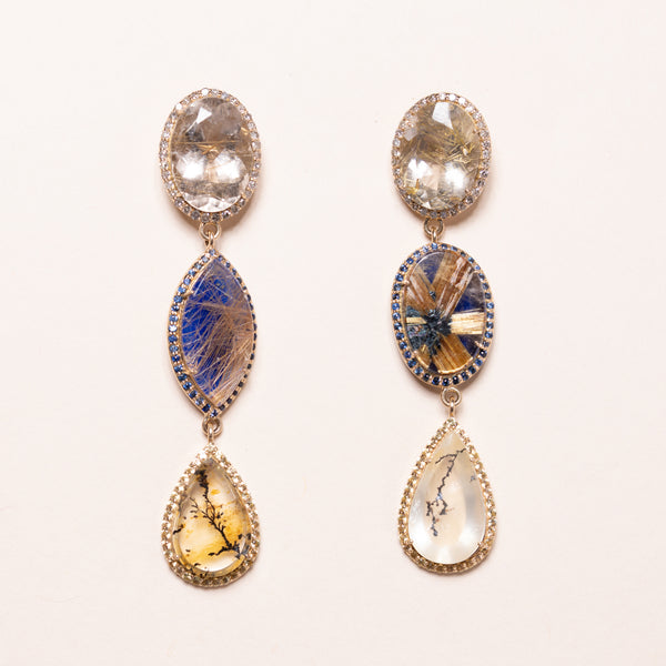 Rutilated Quartz with Lapis Backing and Dendritic Agate Earrings