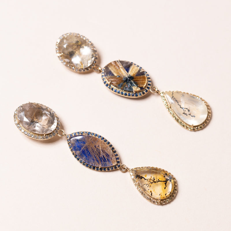 Rutilated Quartz with Lapis Backing and Dendritic Agate Earrings