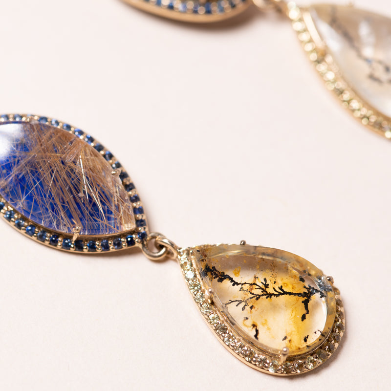 Rutilated Quartz with Lapis Backing and Dendritic Agate Earrings