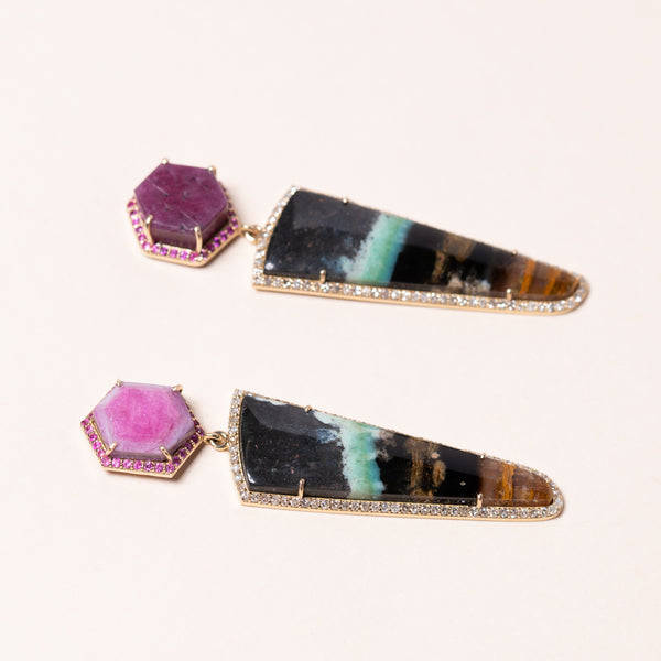 Raw Ruby and Petrified Opal set in 18k Gold with Pink and Yellow Sapphires Earrings