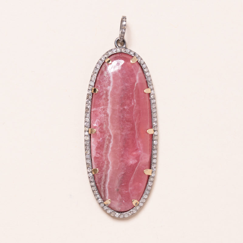 Rhodonite set in Silver with Diamonds and 18k Gold Claws Pendant