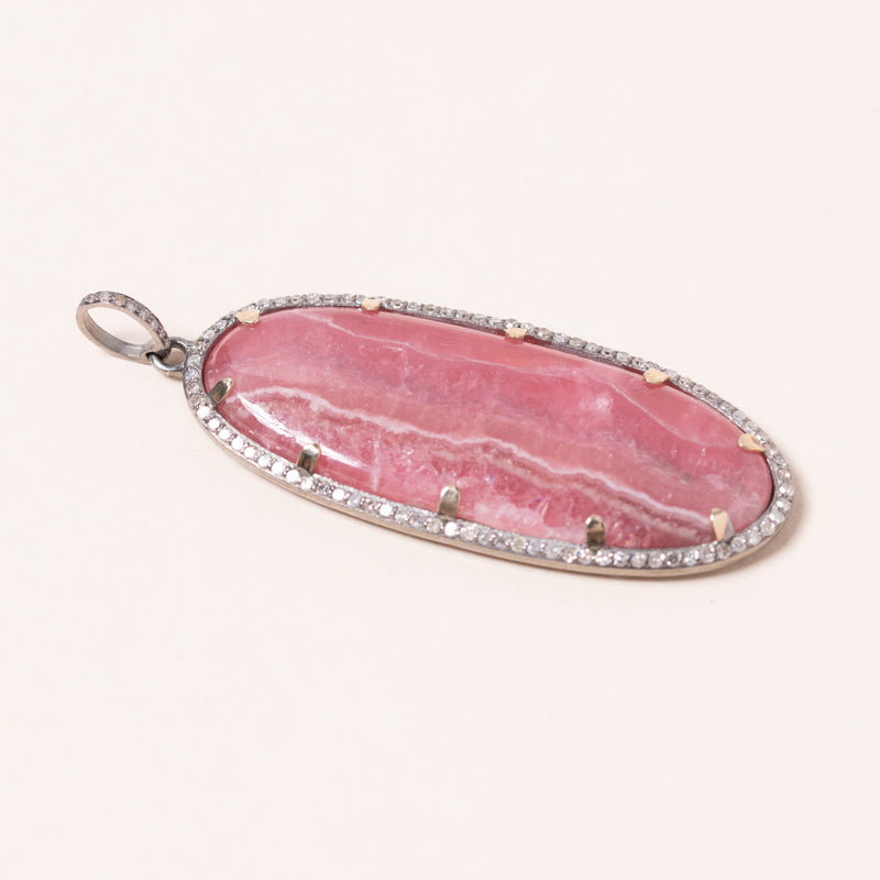 Rhodonite set in Silver with Diamonds and 18k Gold Claws Pendant