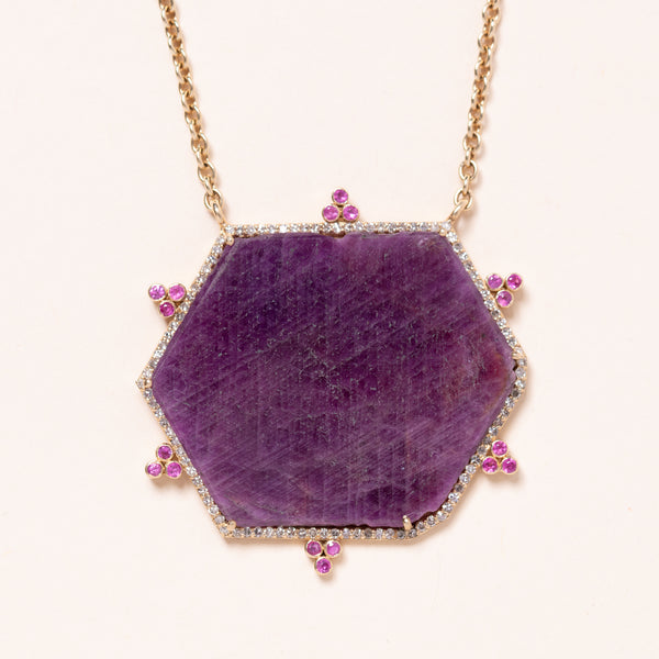 Hexagon Raw Ruby Slice and Pink Sapphire Point Necklace