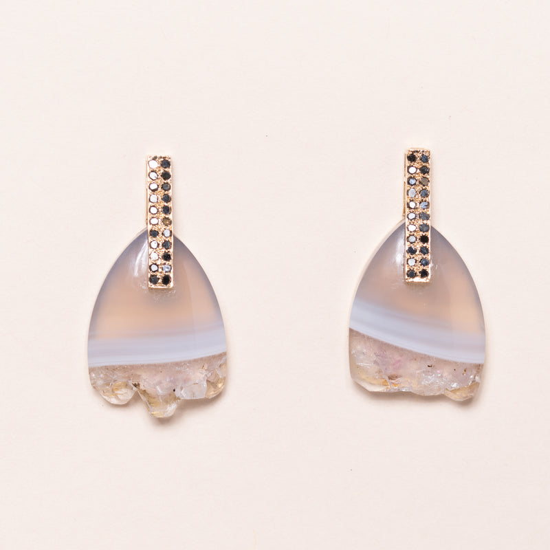 Agate Slice Set in 18k Gold with Black Diamonds Earrings