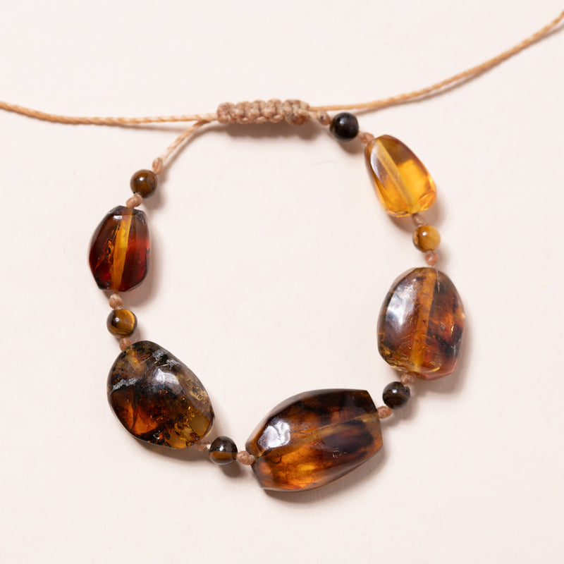 amber and tigers eye hand knotted bracelet