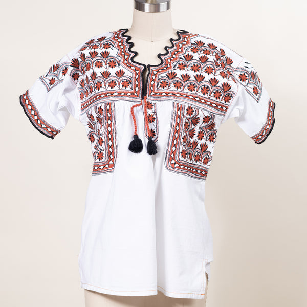 White and Orange Hand Embroidered Top