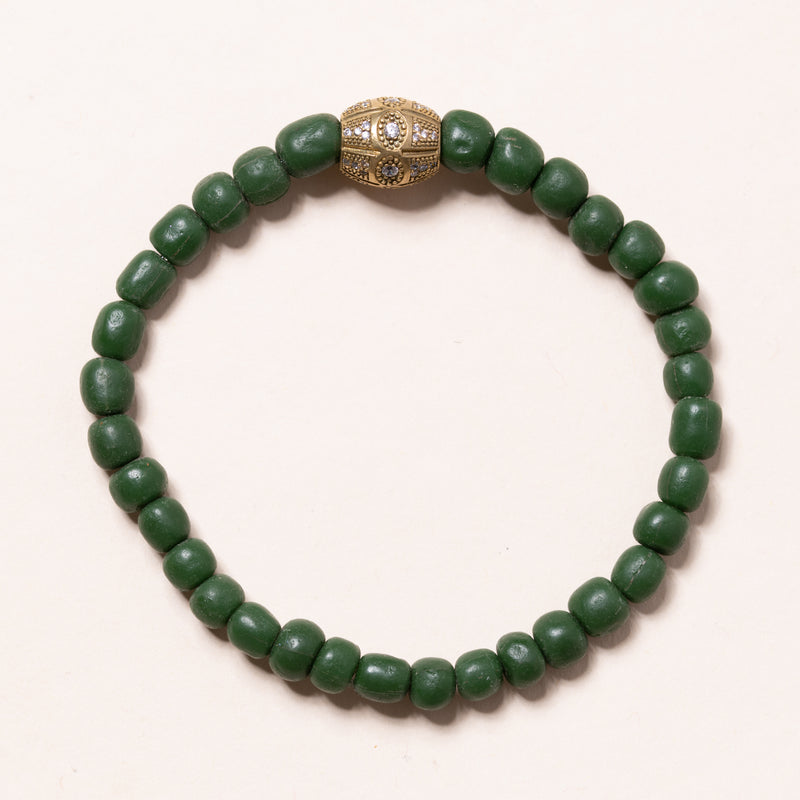 Green African Glass with CZ Diamond Roundel Bloom Bracelet