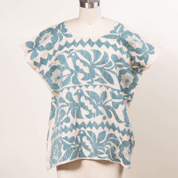 floral blue and tan hand embroidered top 