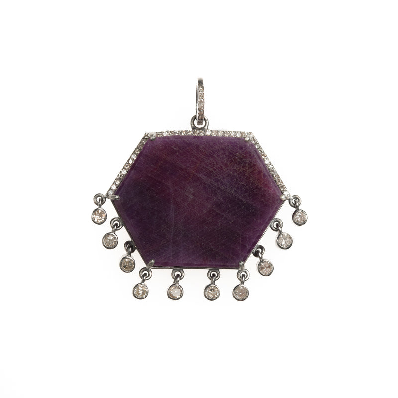 hexagon raw ruby slice and diamond silver dangle pendant 