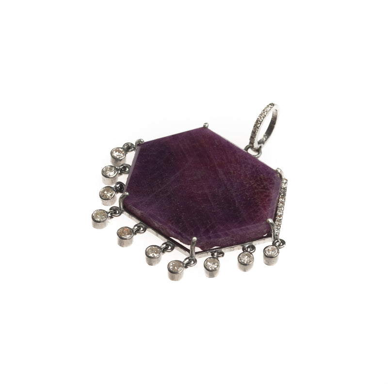 hexagon raw ruby slice and diamond silver dangle pendant 