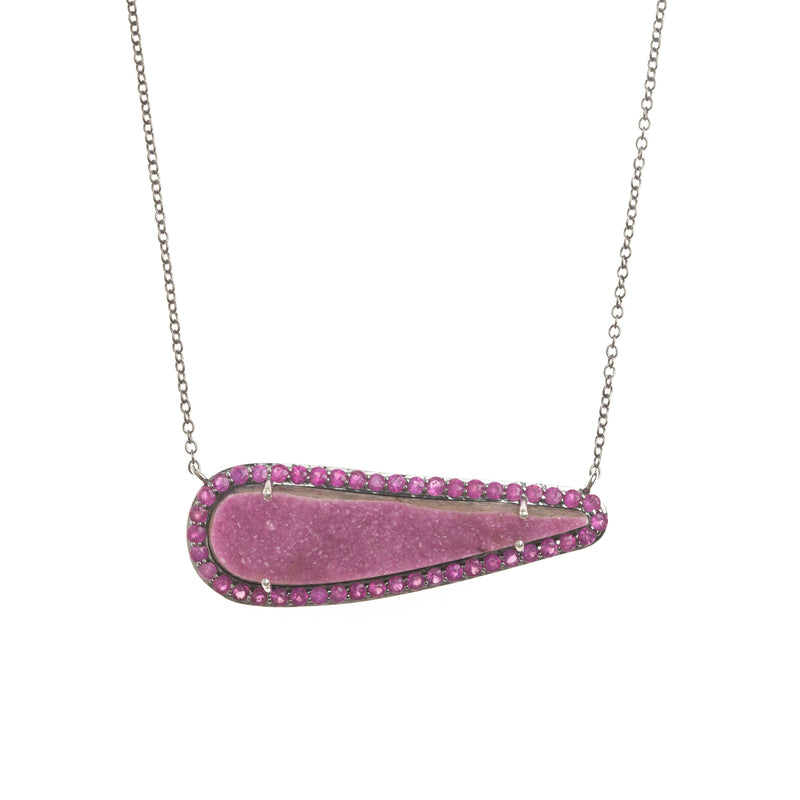 cobalto calcite swipe with pink ruby halo necklace 