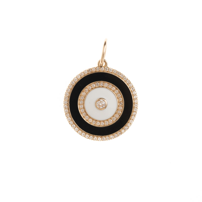 black and white enamel pendant with gold and diamonds