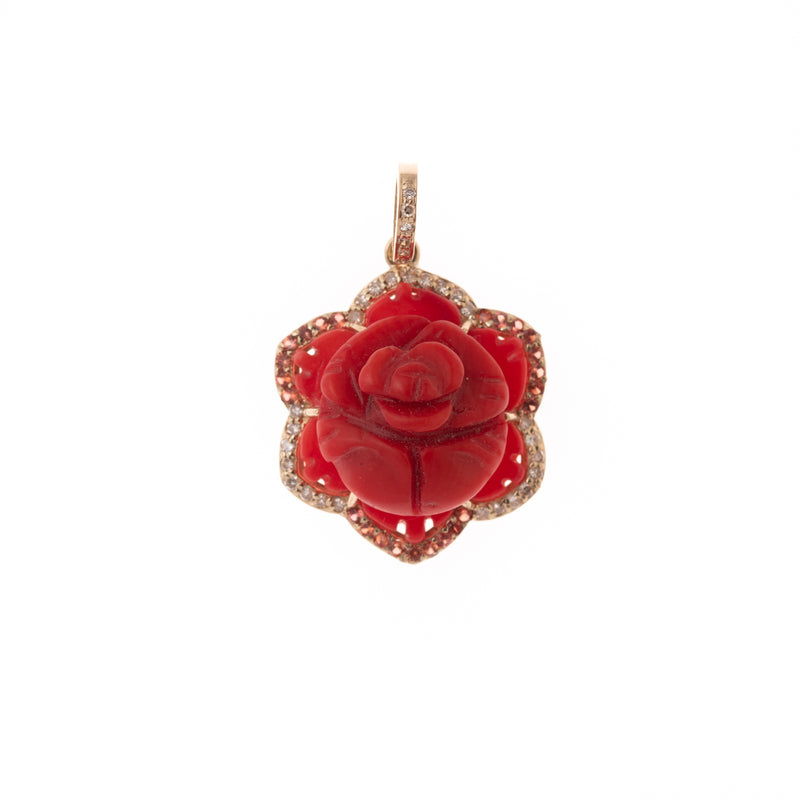 carved rose in gold with diamond pendant 