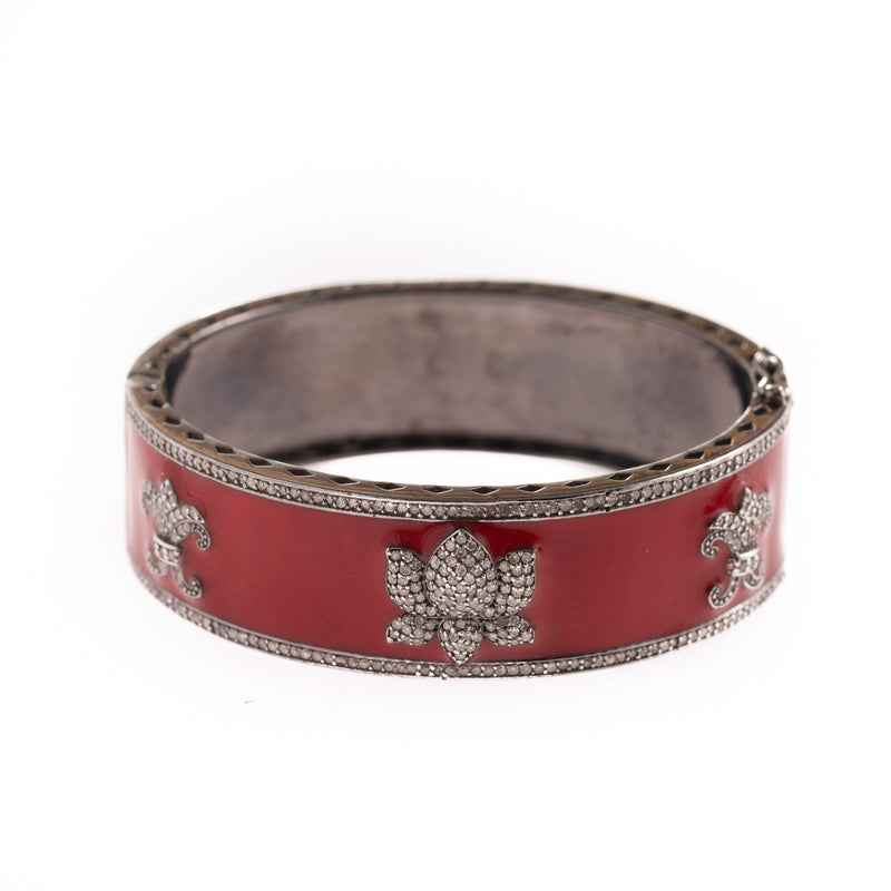 red enamel and diamond lotus bangle bracelet 
