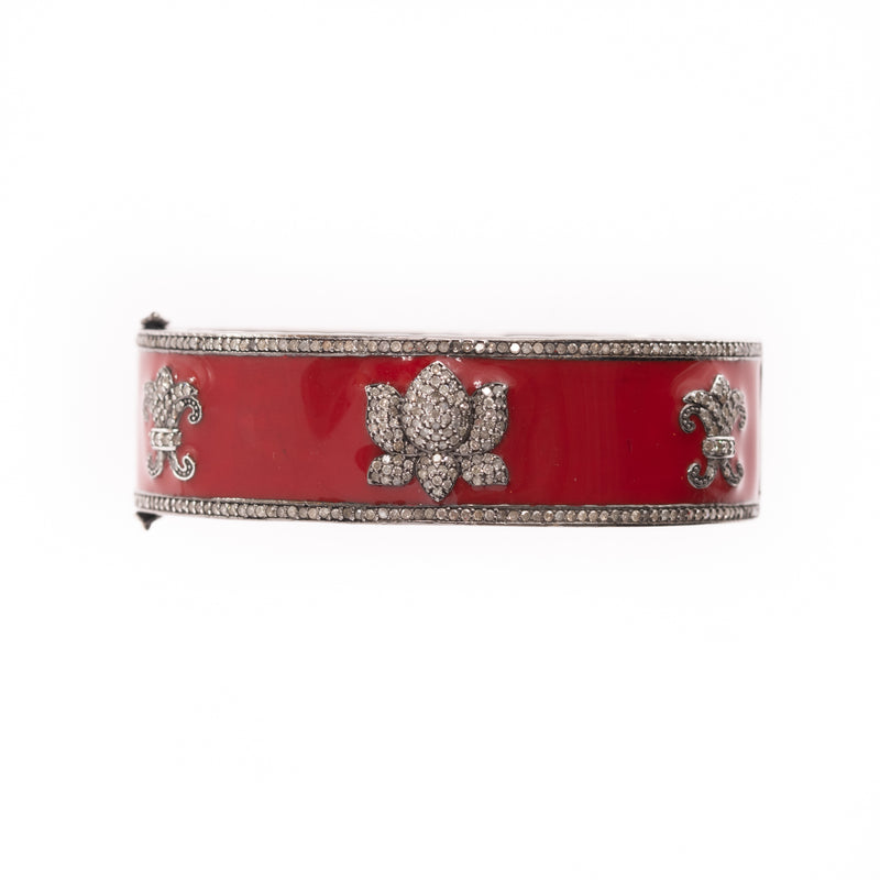 red enamel and diamond lotus bangle bracelet 
