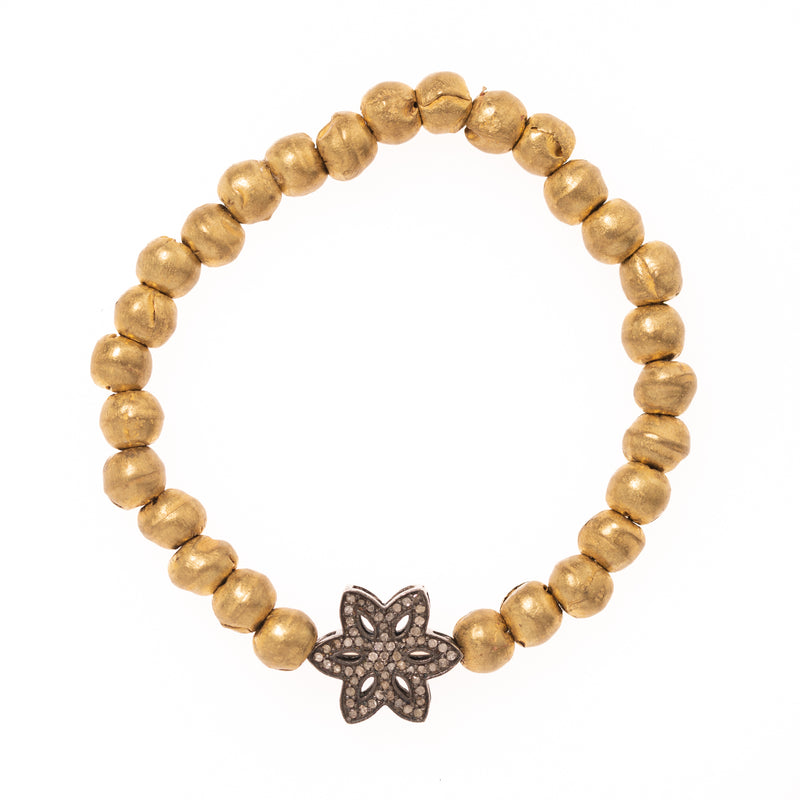 African Brass and Pave Diamond Flower Bead Bloom Bracelet