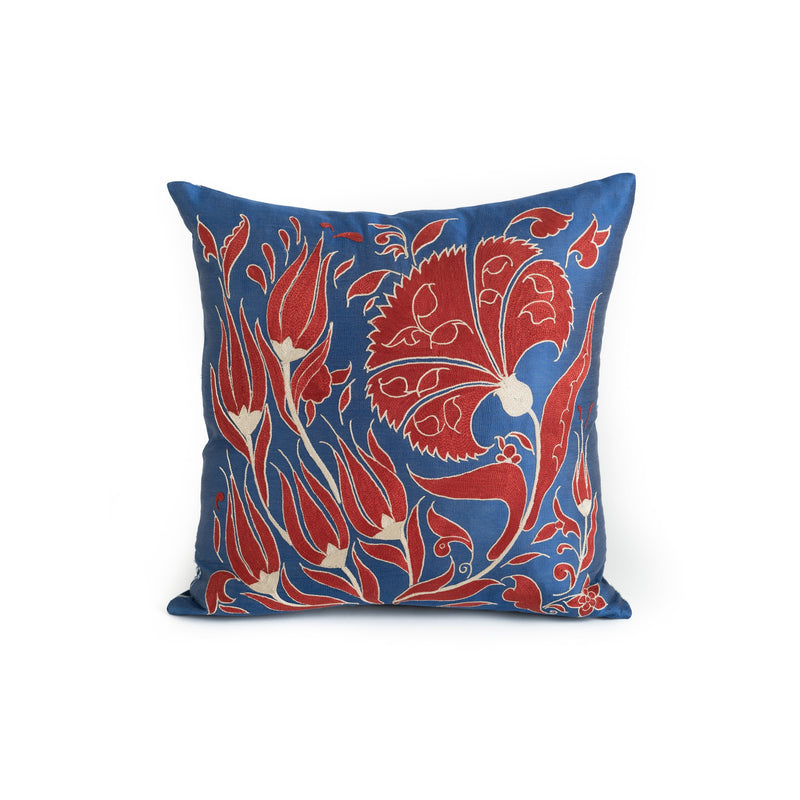Uzbekistan Pillow Small - Blue Red and White Blooms