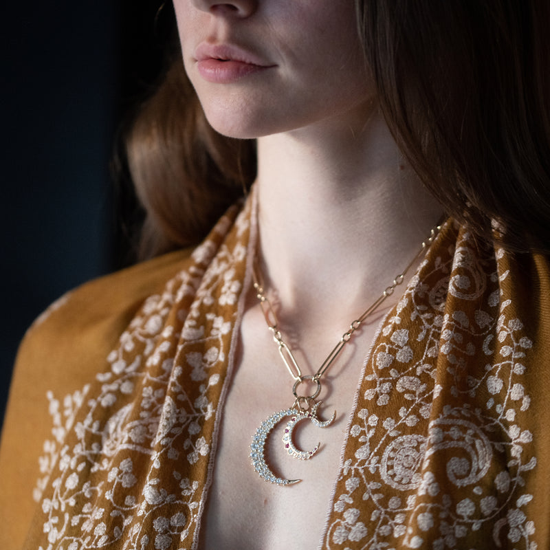 large thick gold moon with diamonds pendant 