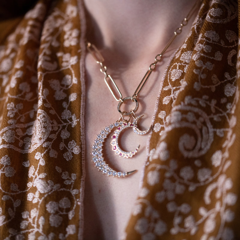 large thick gold moon with diamonds pendant 
