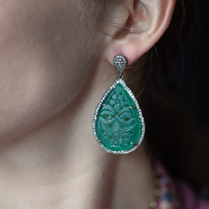 hand carved jade and diamond silver drop earrings