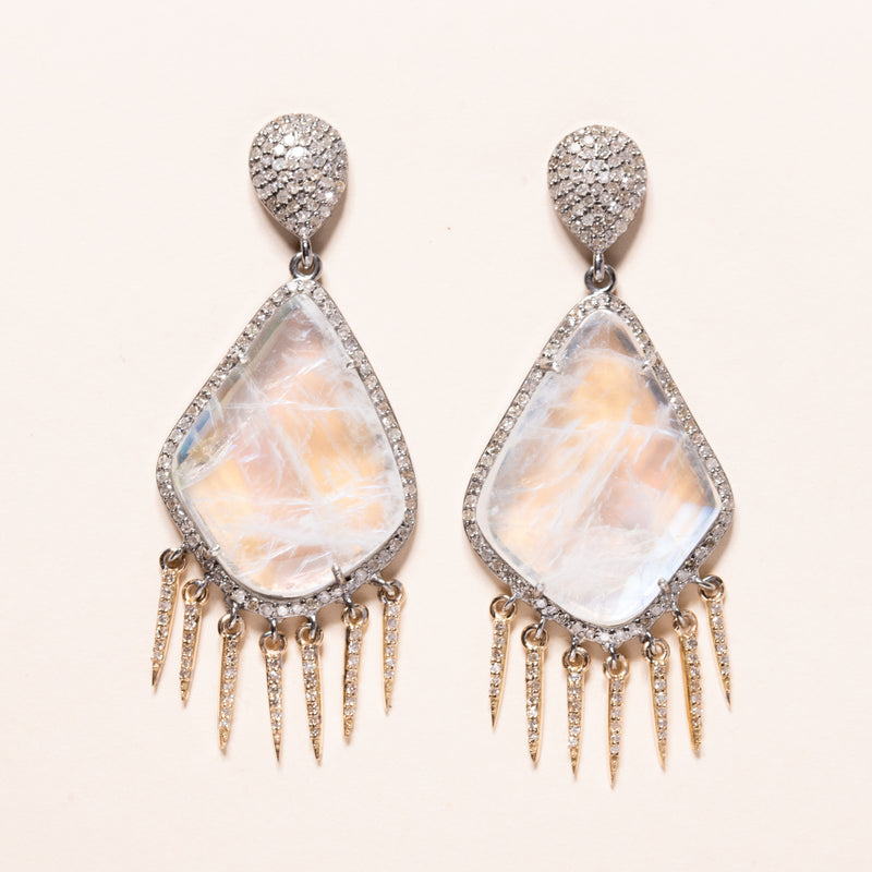Moonstone and Diamond Icicle Dangles Earrings