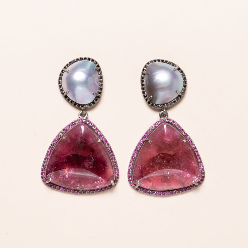 Tourmaline Cabochon and Mabe Pearls with Black Diamonds and Pink Sapphires Earrings