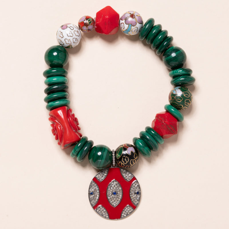 Malachite, Carved Coral, Vintage Glass,and Italian Enamel with Sapphire, Enamel and Diamond Pendant Bloom Bracelet