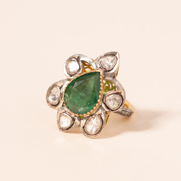 bezel set flower motif emerald and diamond ring 