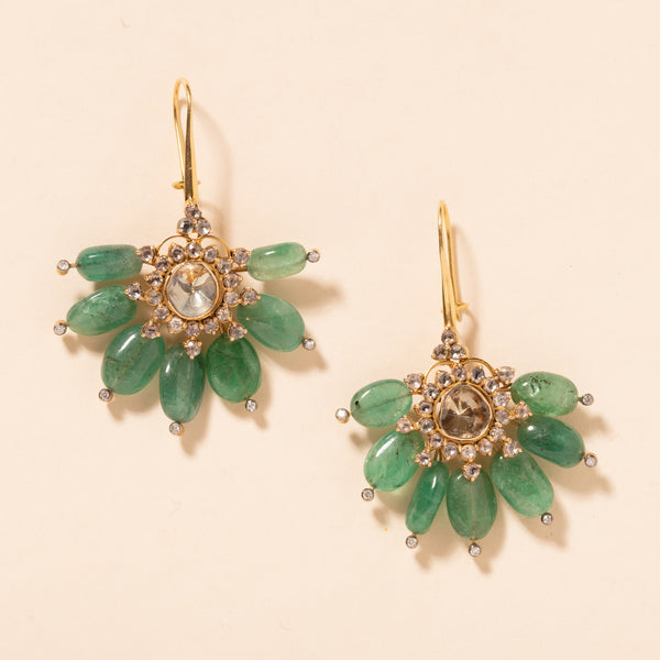 Emerald and Diamond Gold Floral Earrings