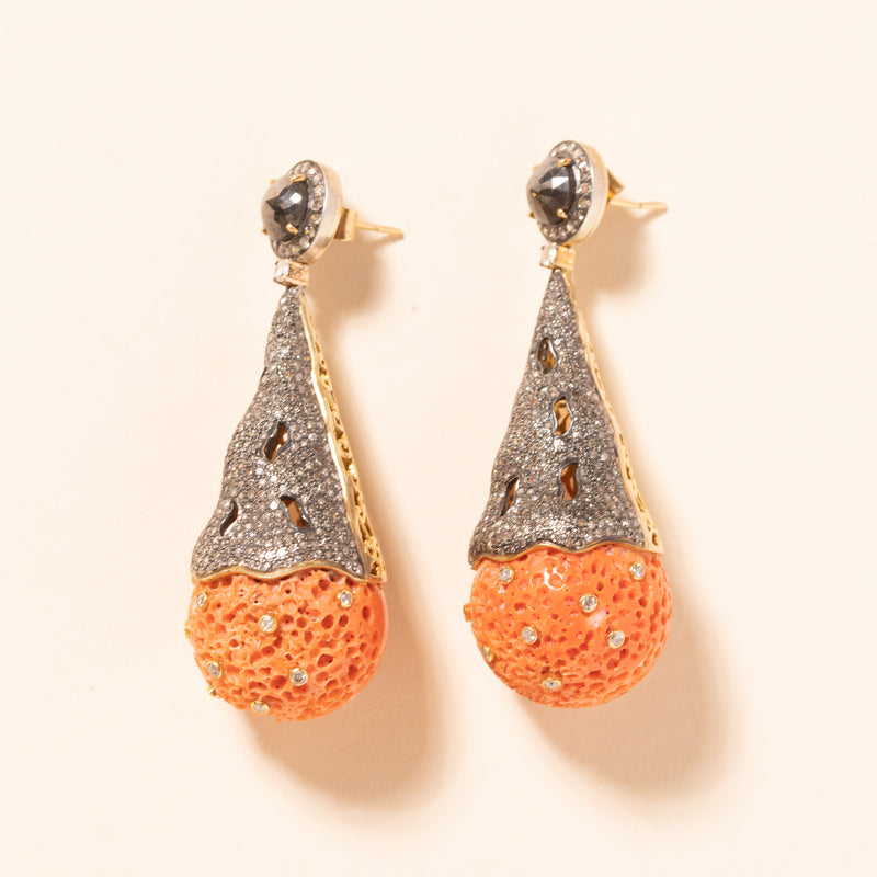 coral and diamond Art Deco earrings 