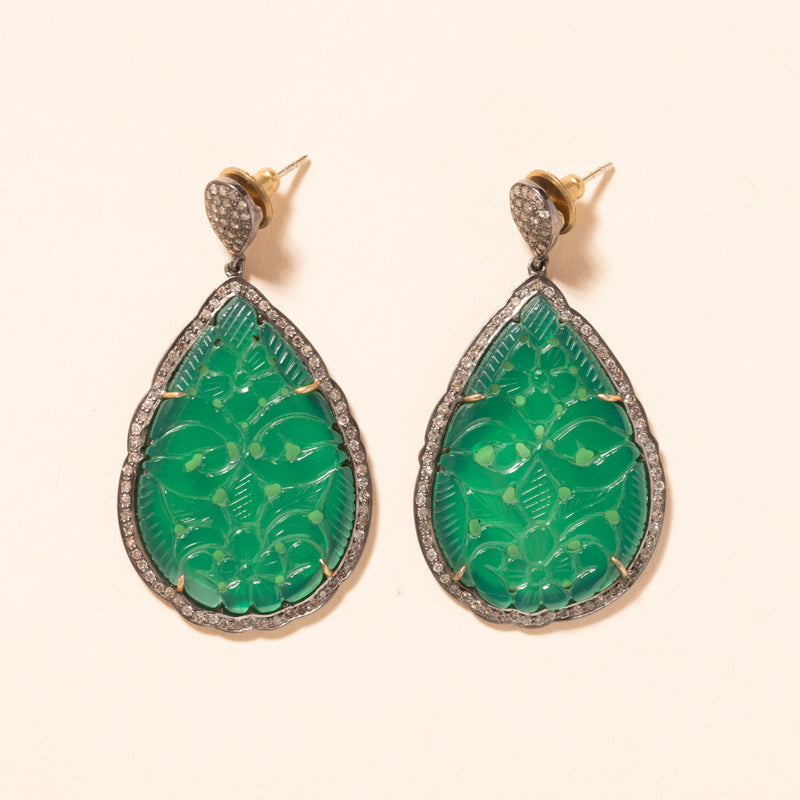hand carved jade and diamond silver teardrop earrings