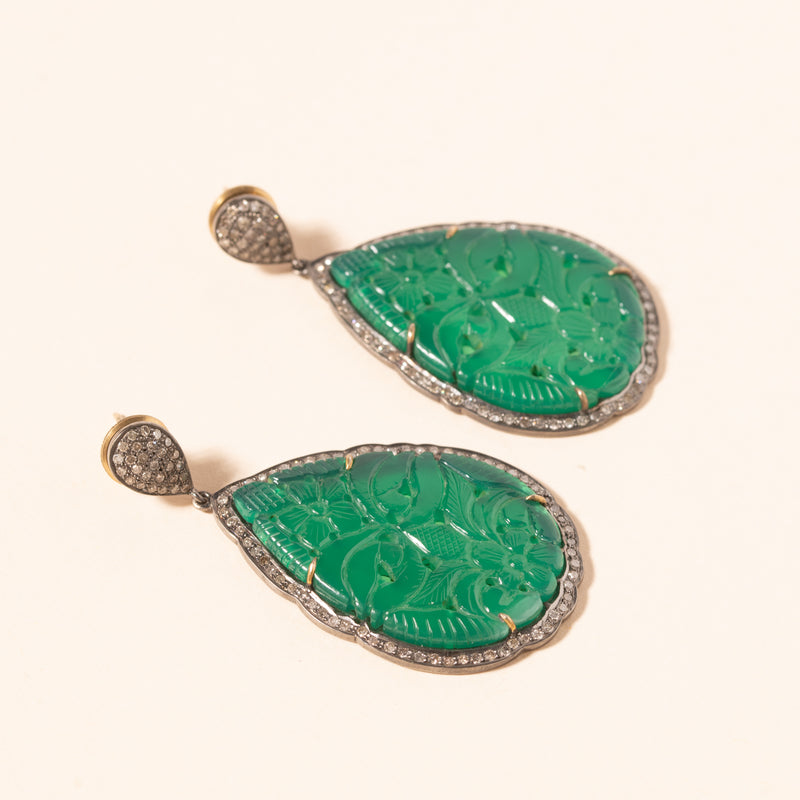 hand carved jade and diamond silver earrings 
