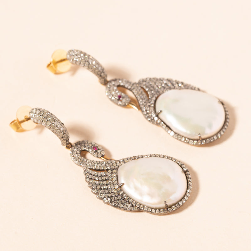 diamond and pearl swan drop earrings