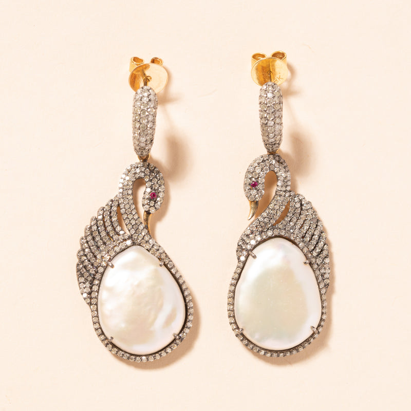 diamond and pearl swan drop earrings