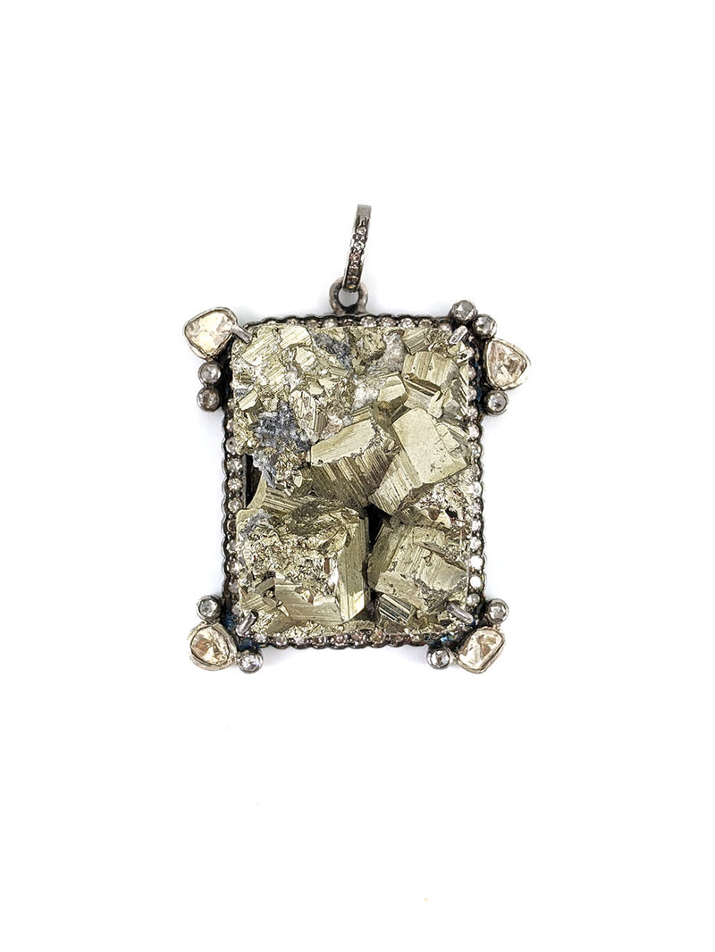 rectangular pyrite diamond and silver pendant 