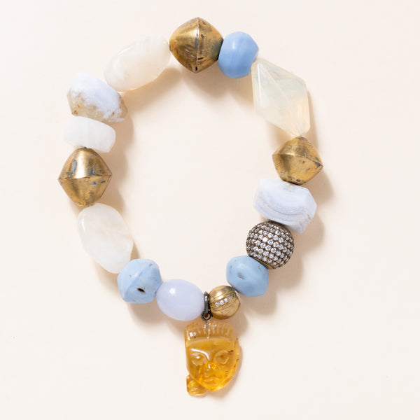 Chalcedony, Vintage African Brass, Moonstone, and CZ Diamonds with Carved Mexican Amber Bloom Bracelet