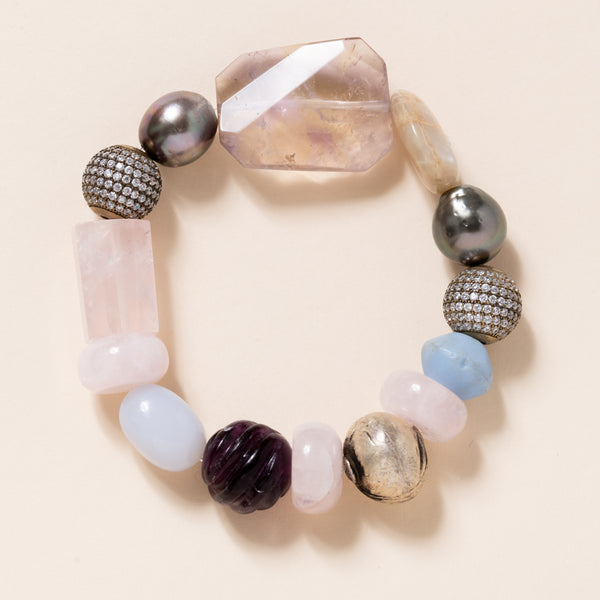 Rose Quartz, Amethyst, Tahitian Pearl, Brass, Fluorite, Chalcedony, Moonstone, and CZ Diamonds Bloom Bracelet