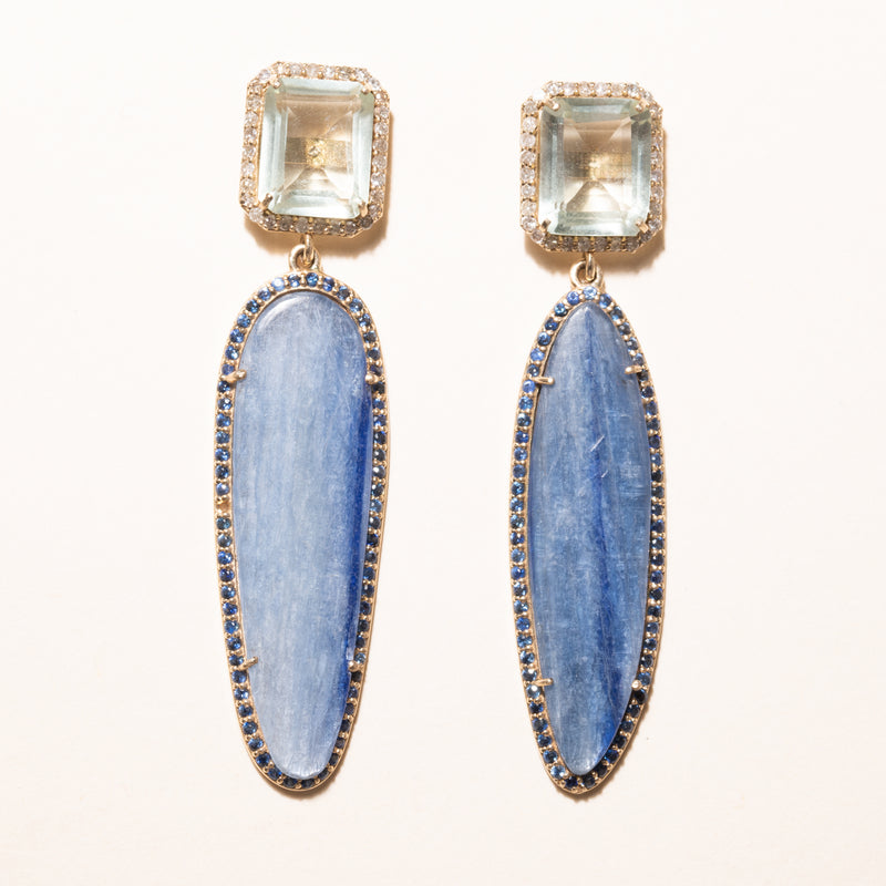 Green Amethyst set in 18k Gold with Diamonds, and Kyanite set in 18k Gold with Sapphires Earrings