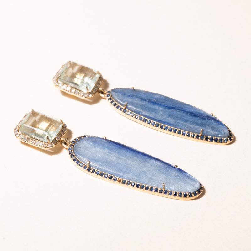 Green Amethyst set in 18k Gold with Diamonds, and Kyanite set in 18k Gold with Sapphires Earrings