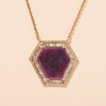 raw ruby slice baguette diamond halo necklace 
