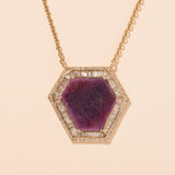 raw ruby slice baguette diamond halo necklace 