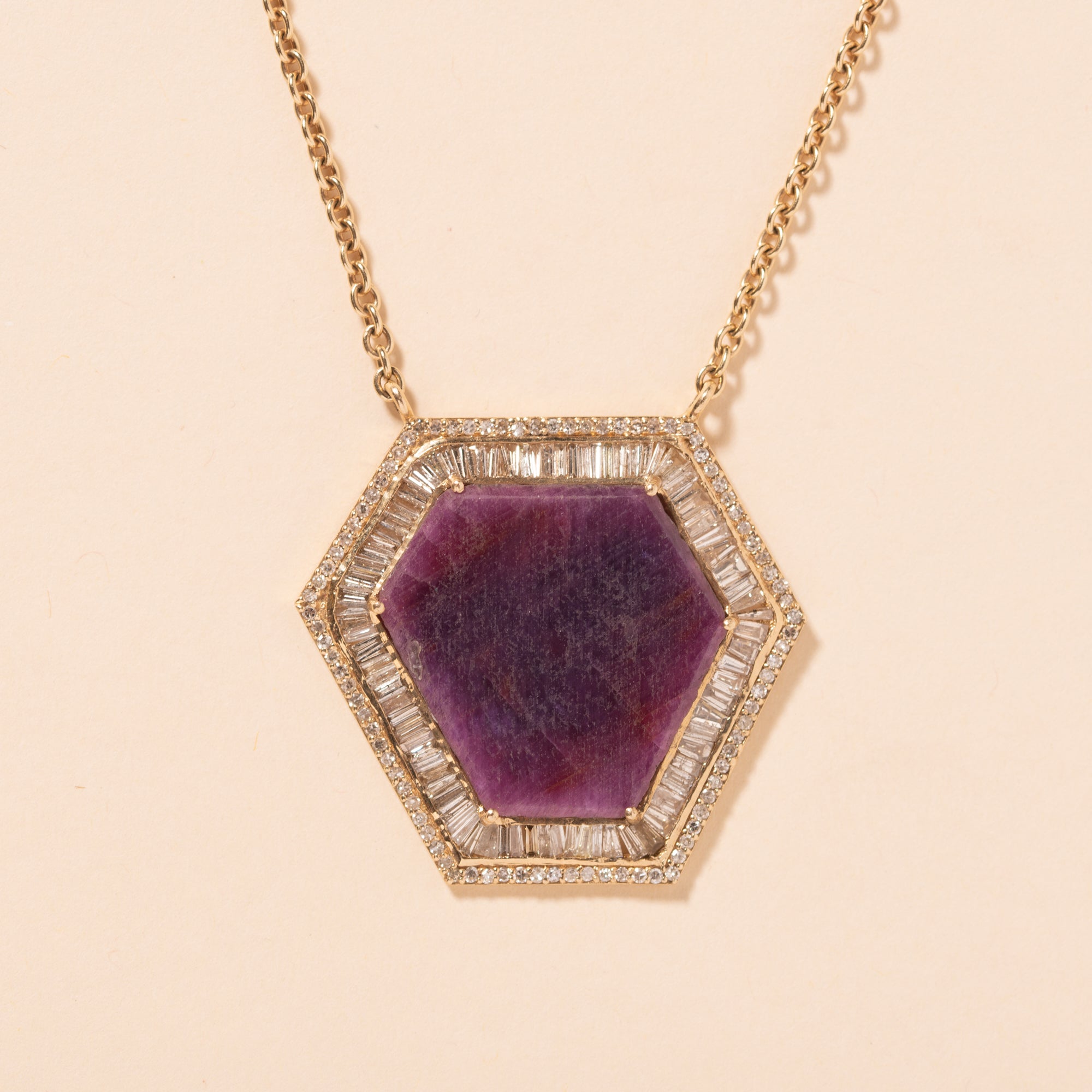 raw ruby slice baguette diamond halo necklace 