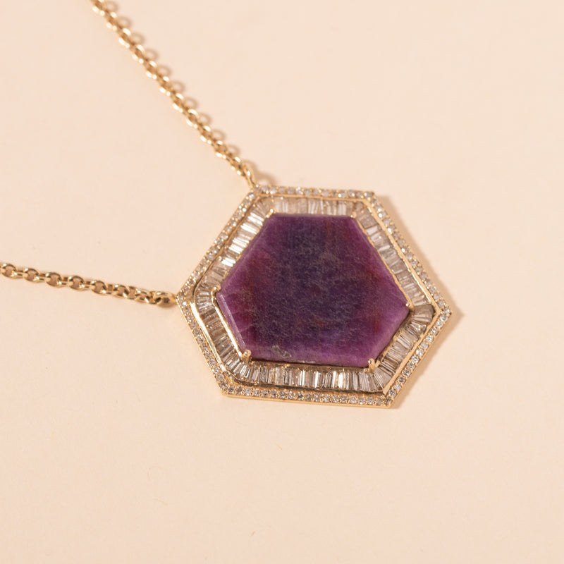 raw ruby slice baguette diamond halo necklace 