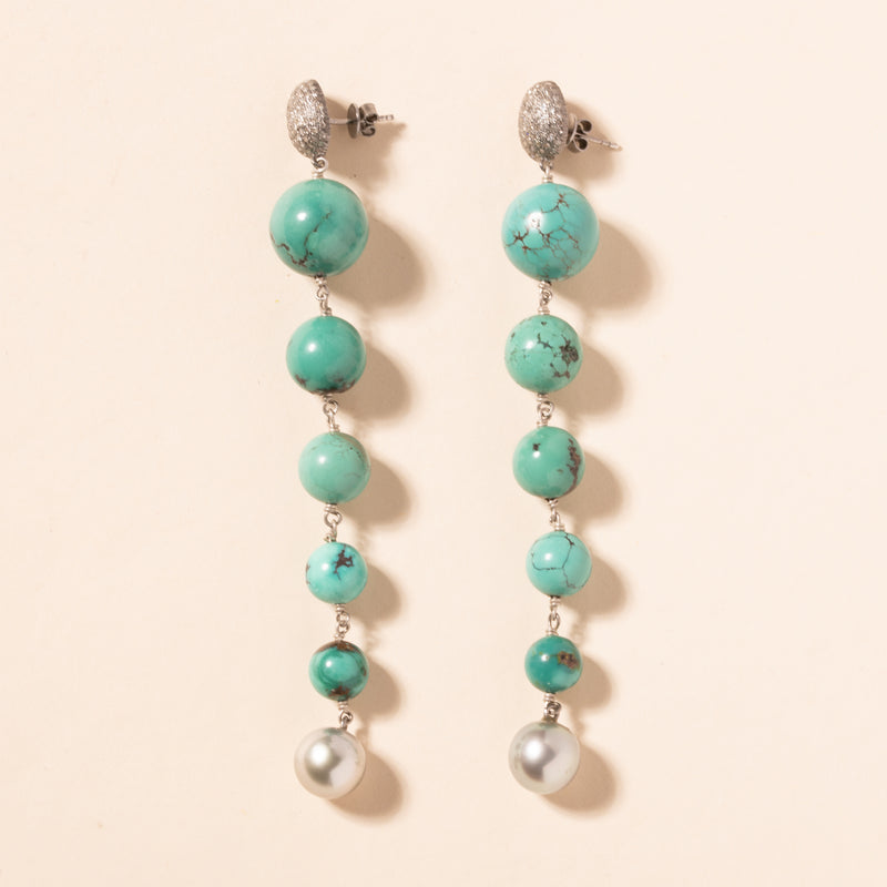 turquoise and Tahitian pearl long drop earrings 