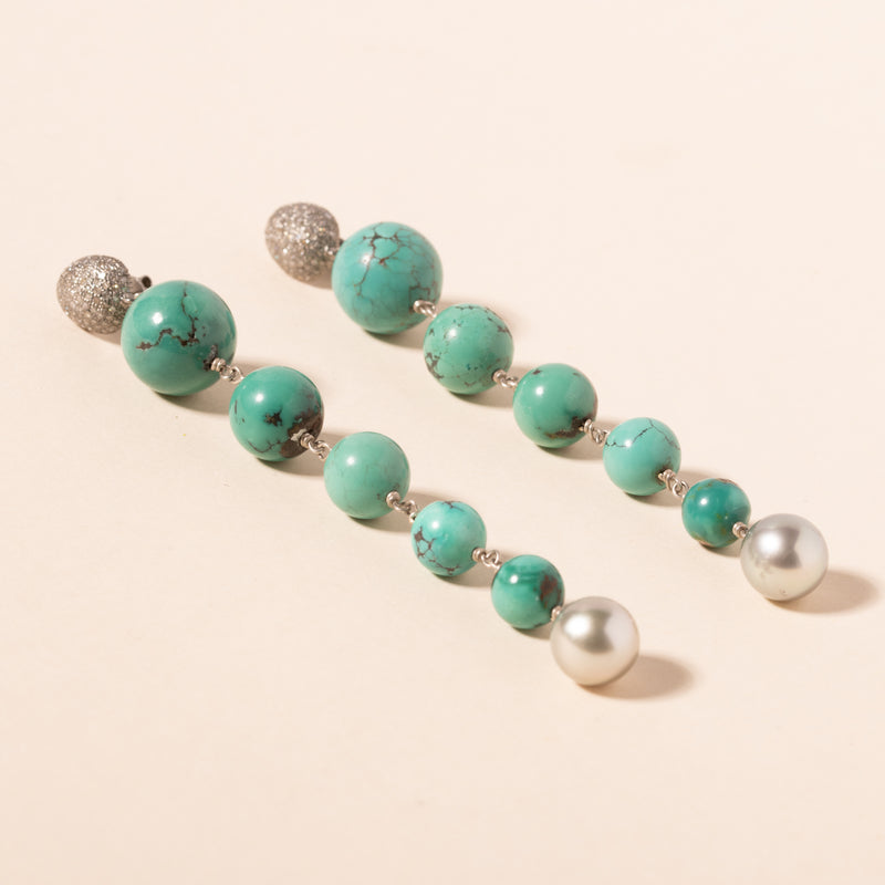 turquoise and Tahitian pearl long drop earrings 