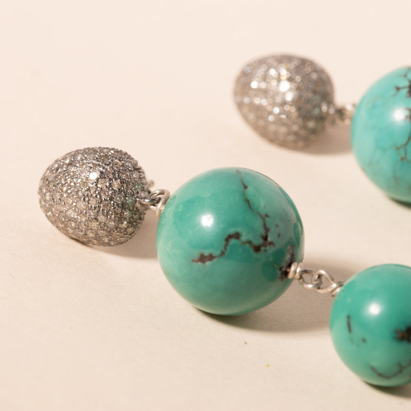 turquoise and Tahitian pearl long drop earrings 